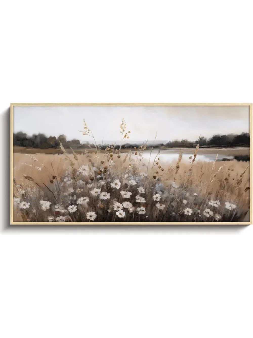 Large Framed Canvas Wall Art 20x40in, Fall Wildflower Landscape, Neutral Decor